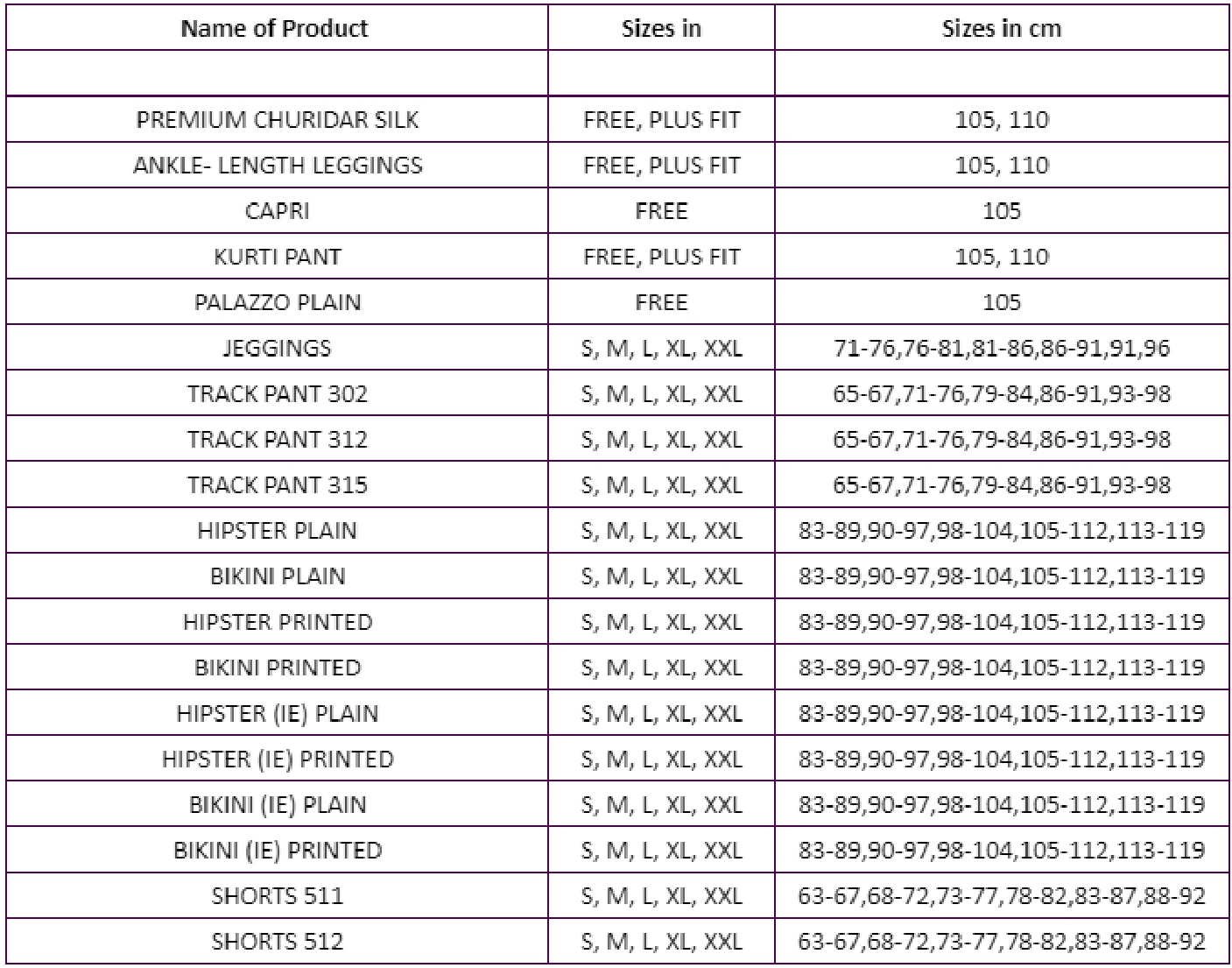 Size Chart